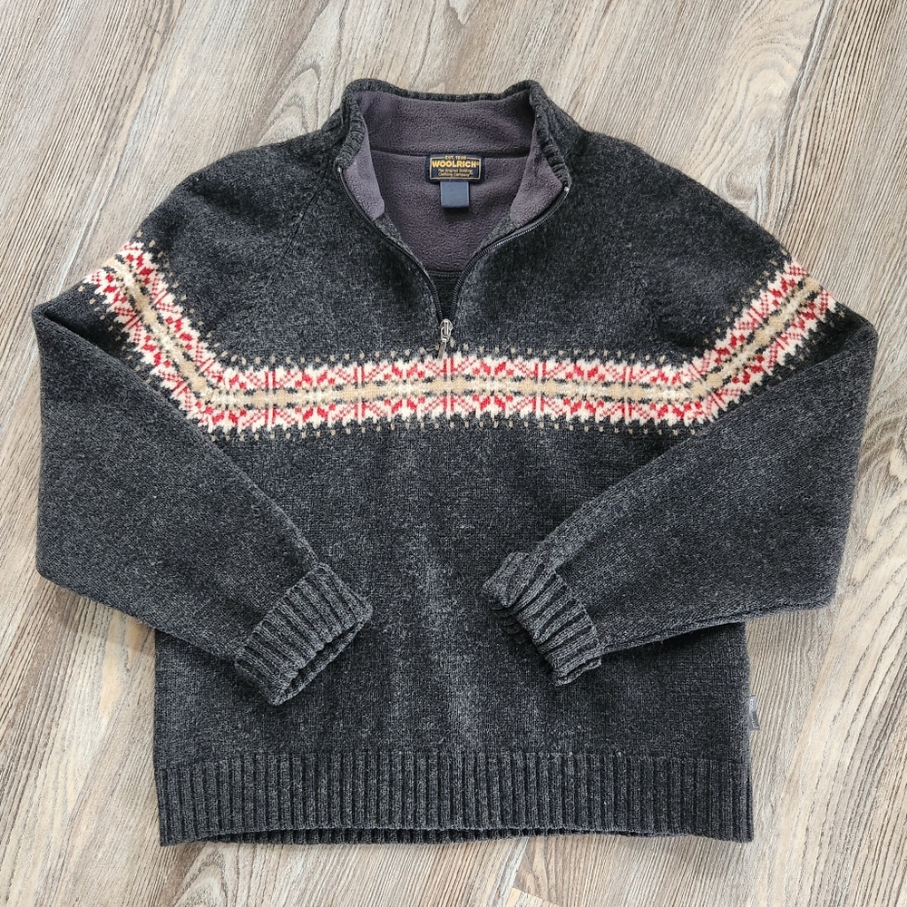 Woolrich Lambswool 1/4 Zip Sweater Womens L Charcoal Grey Fair Isle Nordic